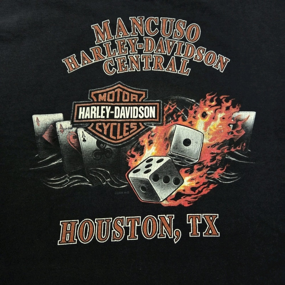 Harley Davidson Y2K VTG Houston, TX T-Shirt Sz L USA Aces Dice Flames Graphic